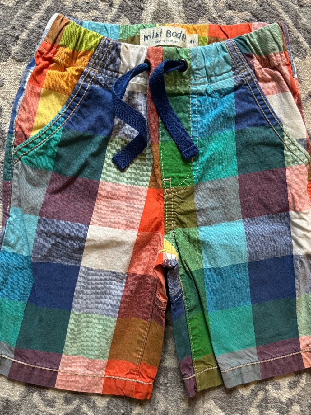 Mini Boden Multicolor Plaid Shorts with Navy Drawstring
